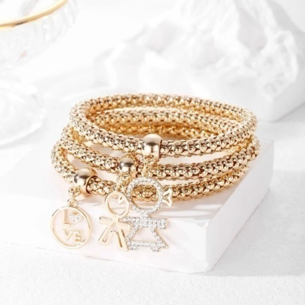 3pcs Rhinestone & Letter Decor Figure Charm Bracelet